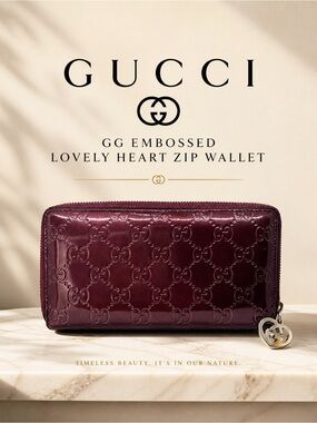 Gucci GG Embossed Lovely Heart Zip Wallet Burgundy Patent COA
